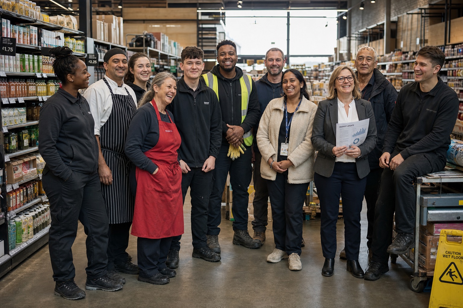 The team on the floor of a working market — kitchen, stockroom, dock, office and management together