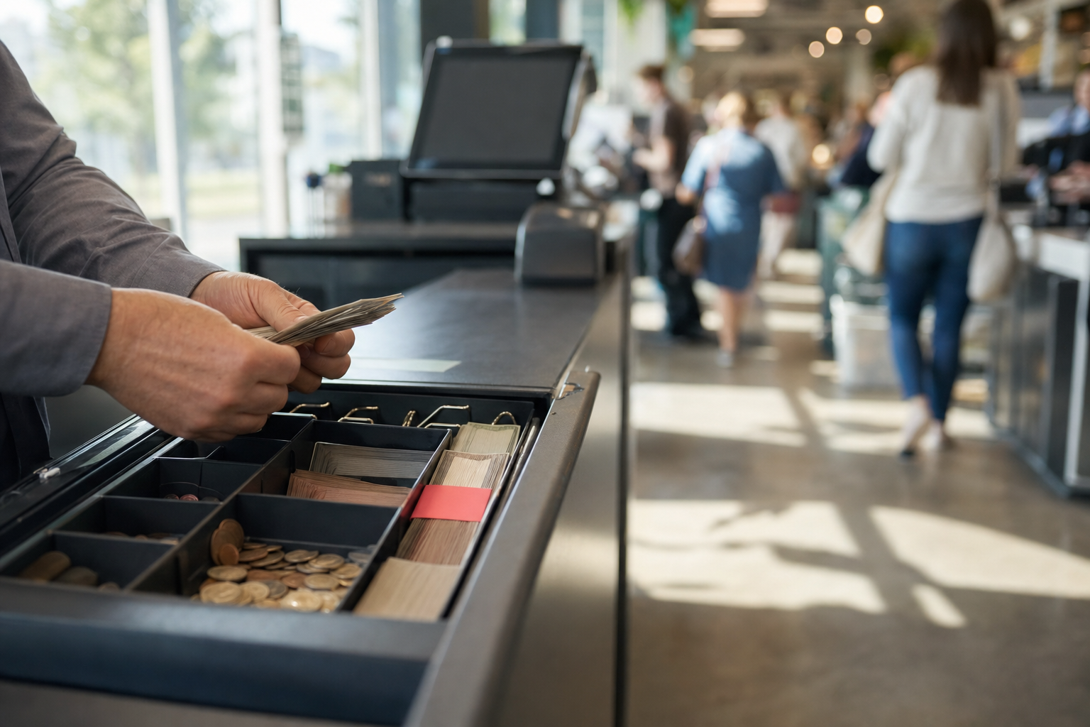 Manager counting the cash drawer