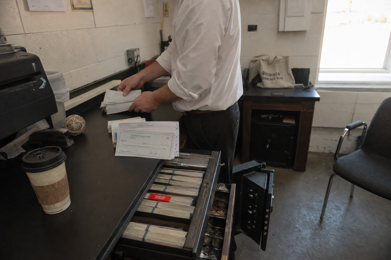 Vendor checks being printed and filed in the back office