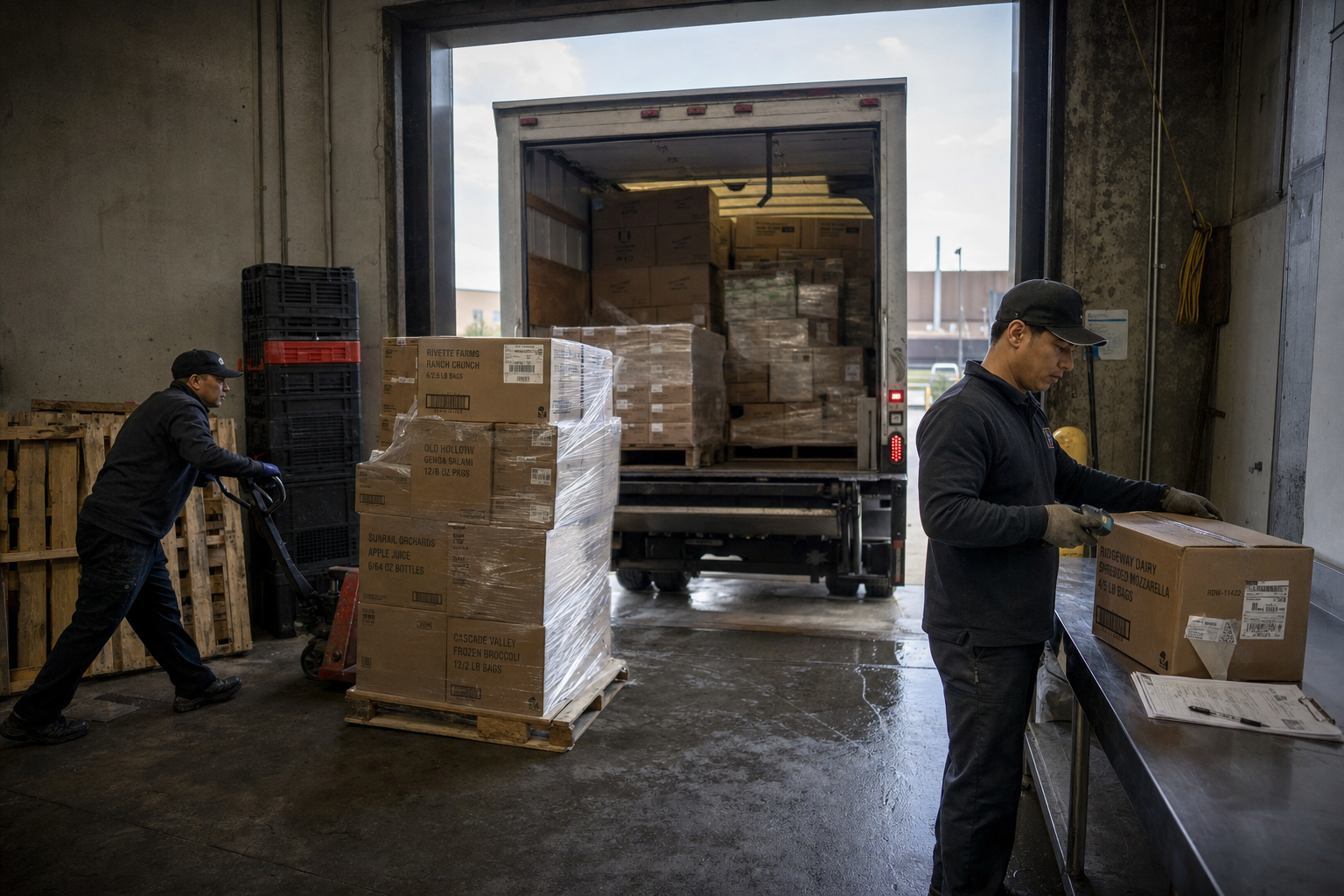 Cases staged at the dock for a delivery run