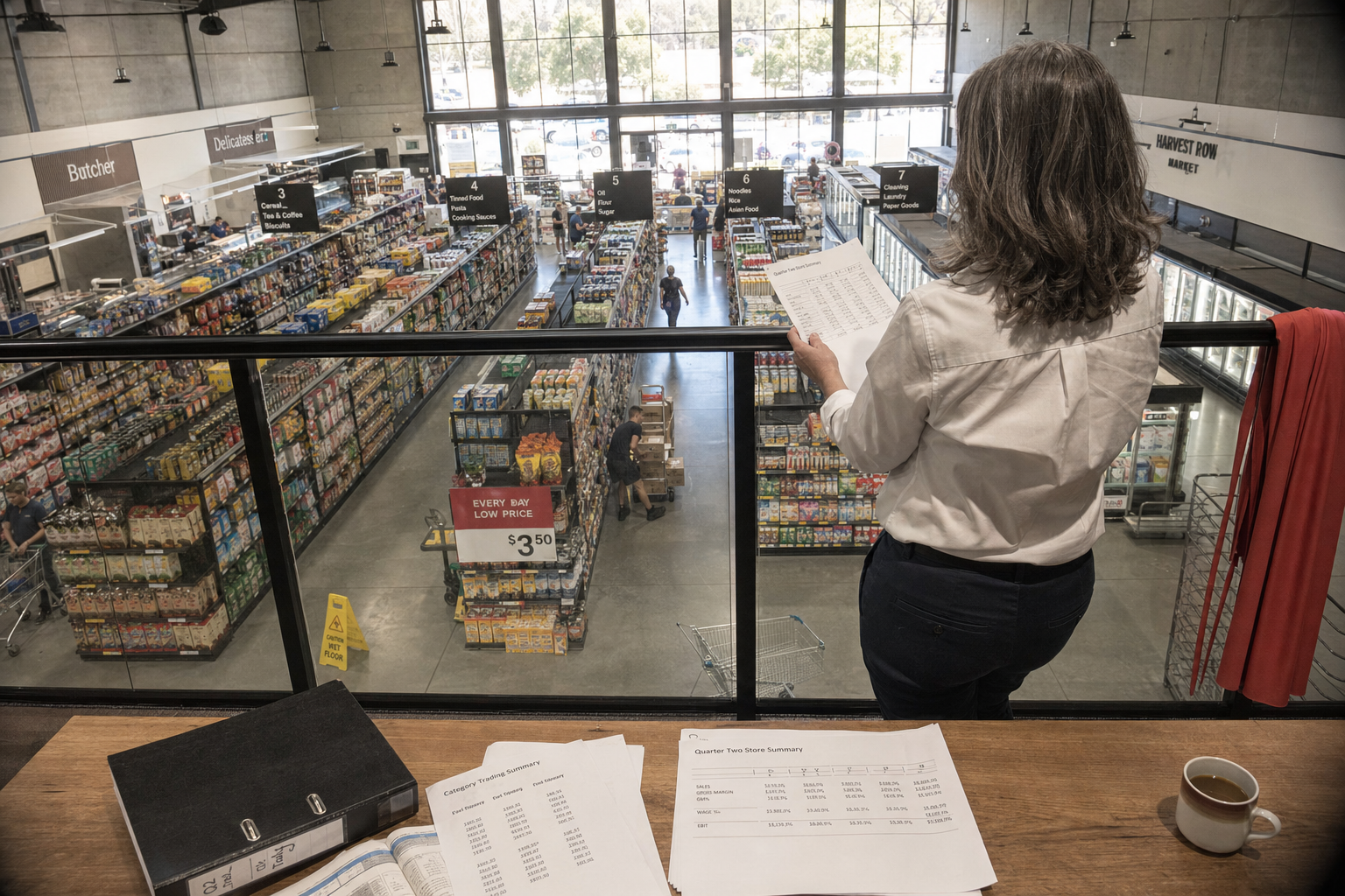 Owner reviewing a store summary above the sales floor