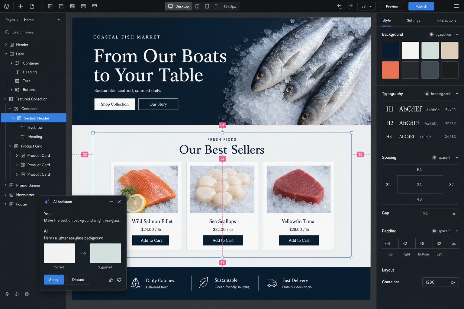 A Mimnu storefront being designed in the visual editor